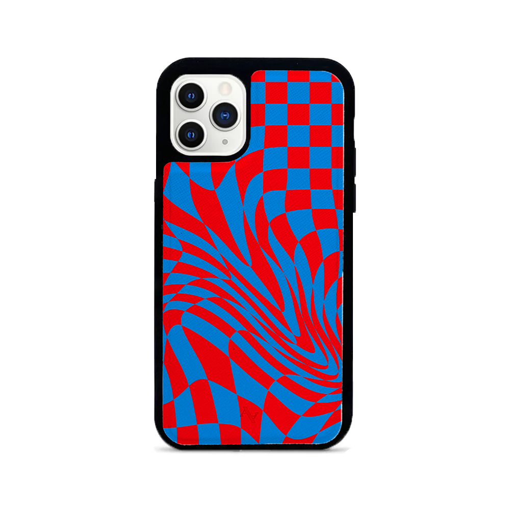 GOLF le MAAD Blue and Red iPhone 11 Pro Leather Case showcasing genuine saffiano leather with a soft rubber rim for protection.