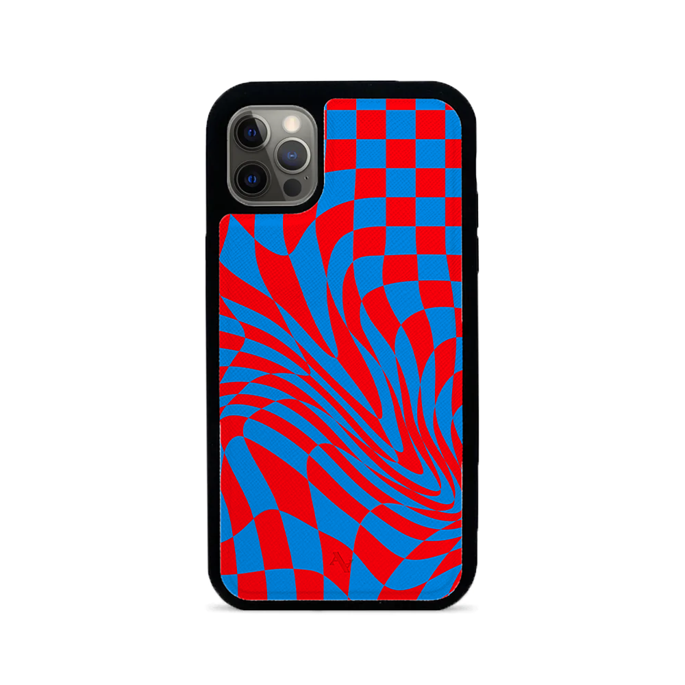 GOLF le MAAD Blue and Red iPhone 12 Pro Leather Case with vegan saffiano leather and rubber rim.