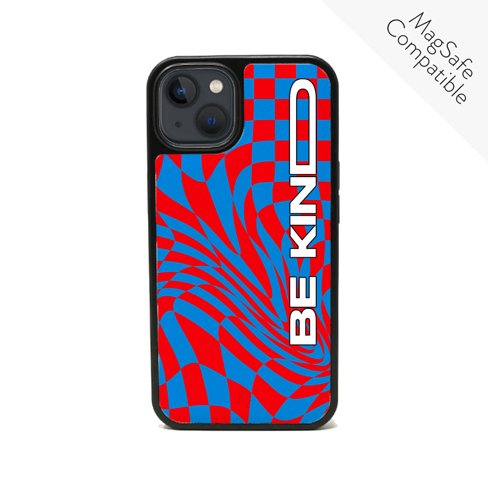 GOLF le MAAD Blue and Red iPhone 13 Leather Case made from vegan saffiano leather with a soft rubber rim, showcasing personalization options.