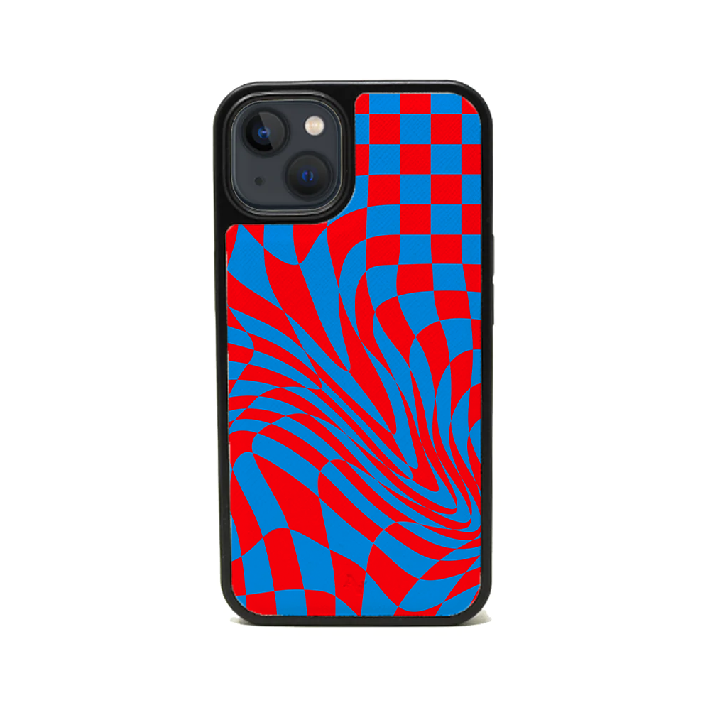 GOLF le MAAD Blue and Red iPhone 13 Leather Case made from vegan saffiano leather with a soft rubber rim, showcasing personalization options.