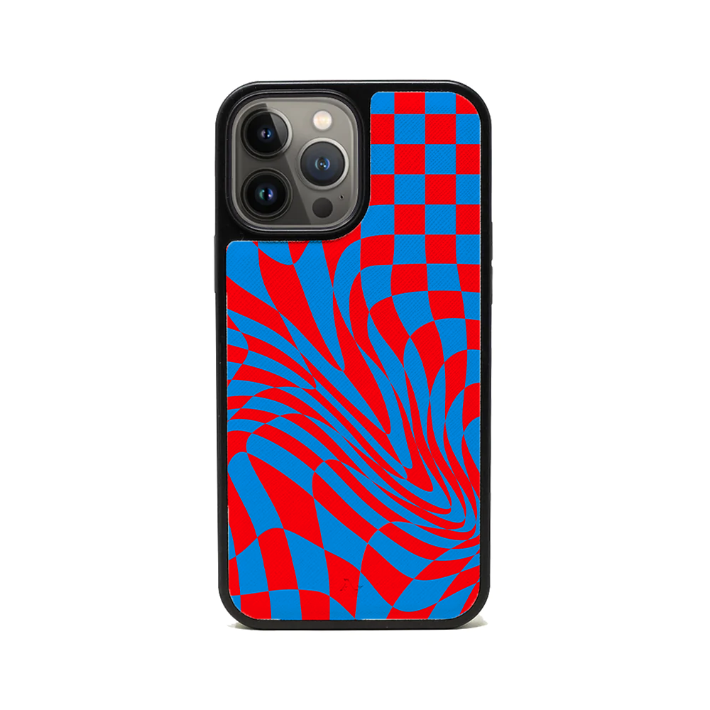 GOLF le MAAD Blue and Red iPhone 14 Pro Max Leather Case with vegan saffiano leather and soft rubber rim.