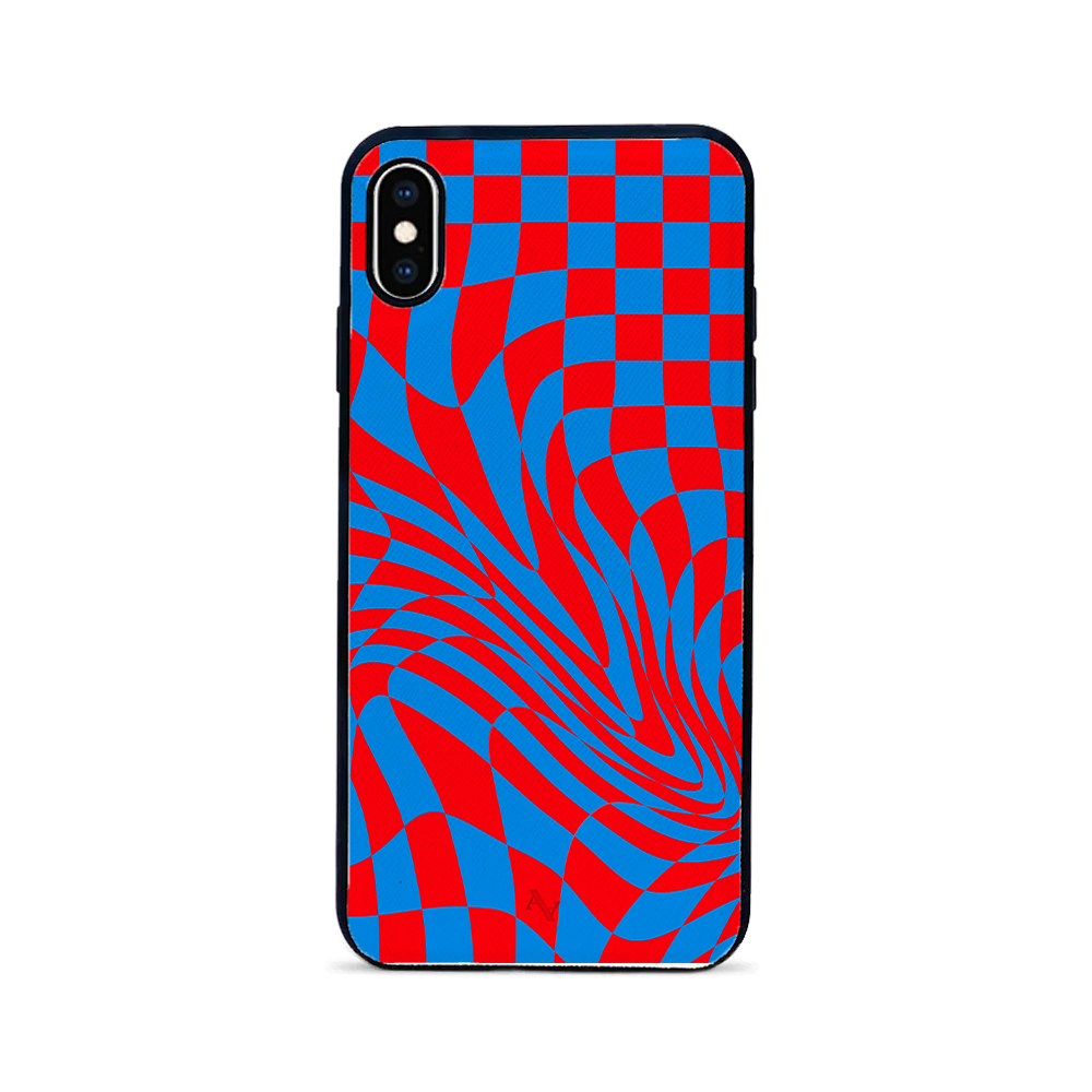 GOLF le MAAD Blue and Red leather case for iPhone XS MAX, showcasing saffiano leather texture and soft rubber rim.