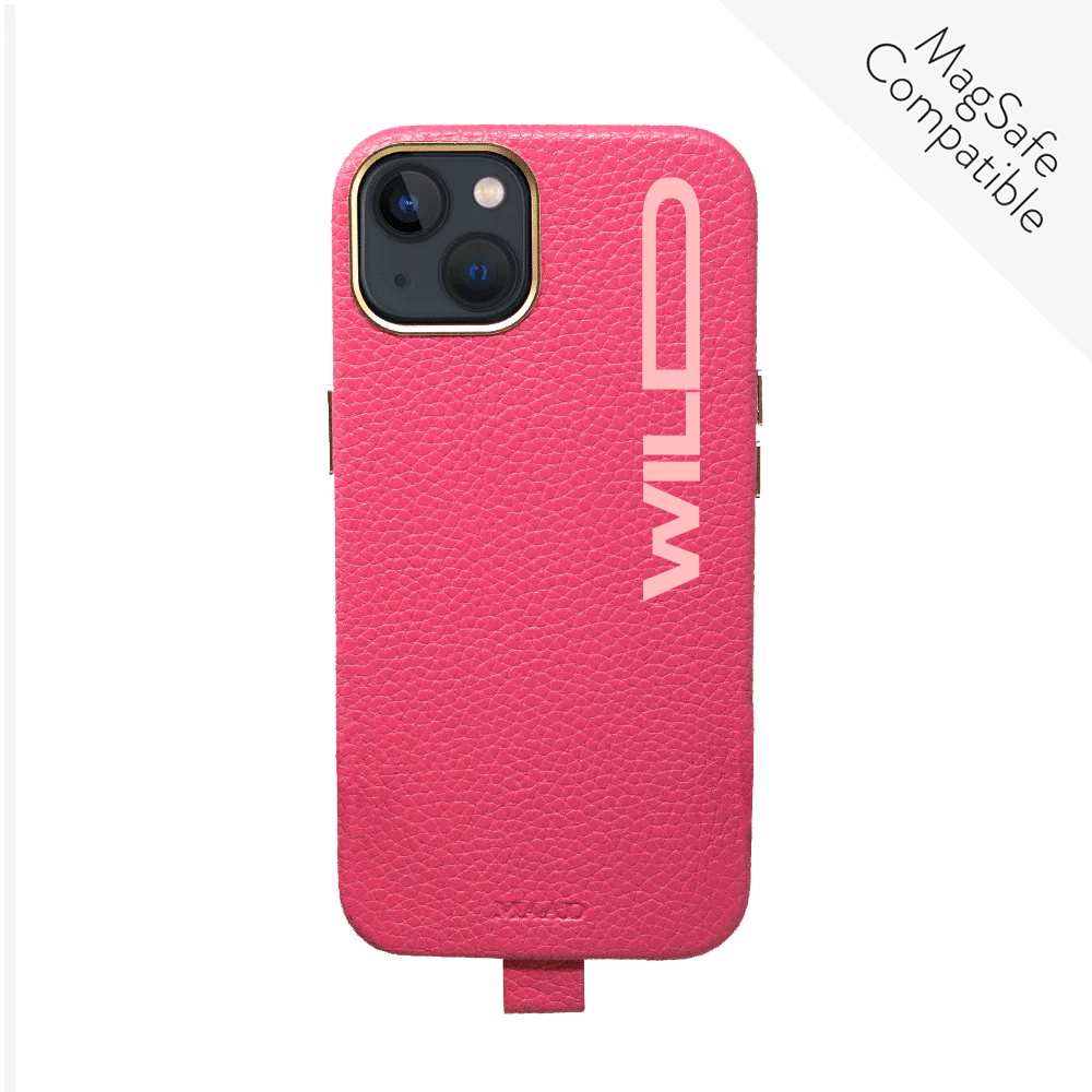 GOLF le MAAD Full Wrapped Hot Pink iPhone 13 case made of vegan leather with gold pleated edges, showcasing its stylish design and customization options.