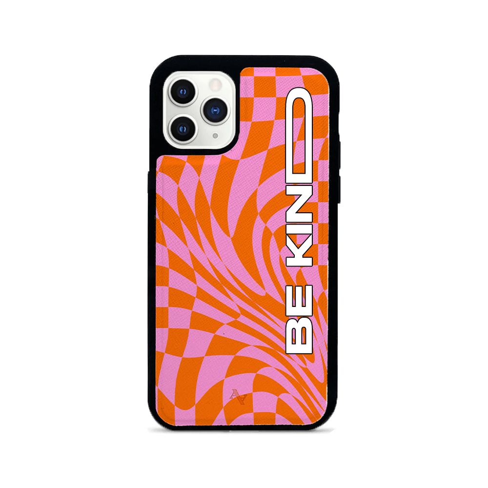 GOLF le MAAD Orange and Pink Leather Case for iPhone 11 Pro, showcasing saffiano leather and rubber rim.