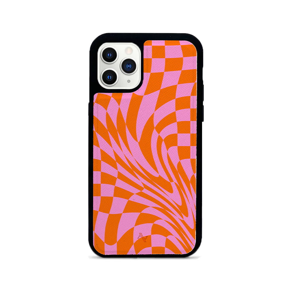 GOLF le MAAD Orange and Pink Leather Case for iPhone 11 Pro, showcasing saffiano leather and rubber rim.
