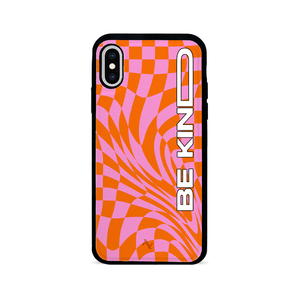 GOLF le MAAD Orange and Pink Leather Case for iPhone X/XS, showcasing saffiano leather and rubber rim.