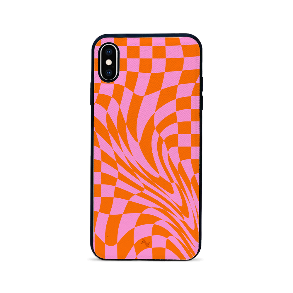 GOLF le MAAD Orange and Pink Leather Case for iPhone X/XS, showcasing saffiano leather and rubber rim.