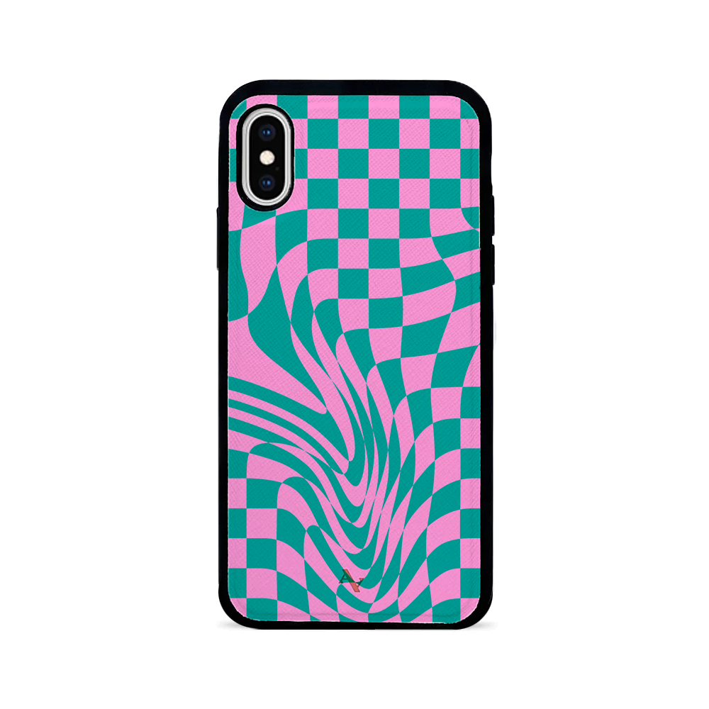 GOLF le MAAD Pink and Green Leather Case for iPhone X/XS, showcasing saffiano leather and soft rubber rim.