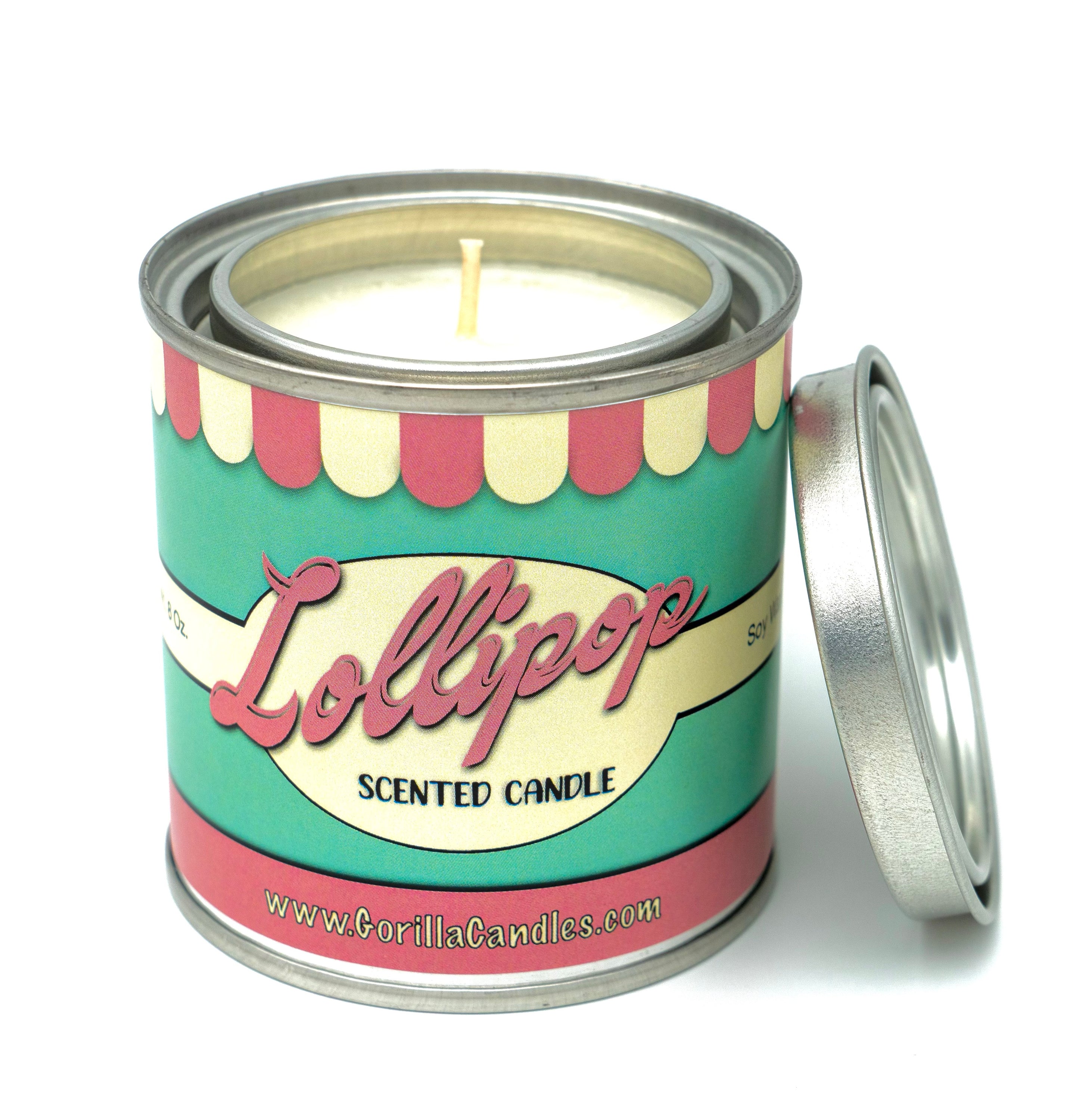 A vibrant Lollipop scented candle in a retro paint can, showcasing its colorful design and inviting aroma.