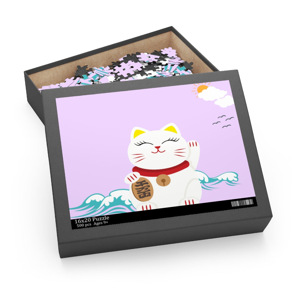 Lucky Cat Jigsaw Puzzle with vibrant colors and 500 chipboard pieces, beautifully packaged in a gift-ready box.