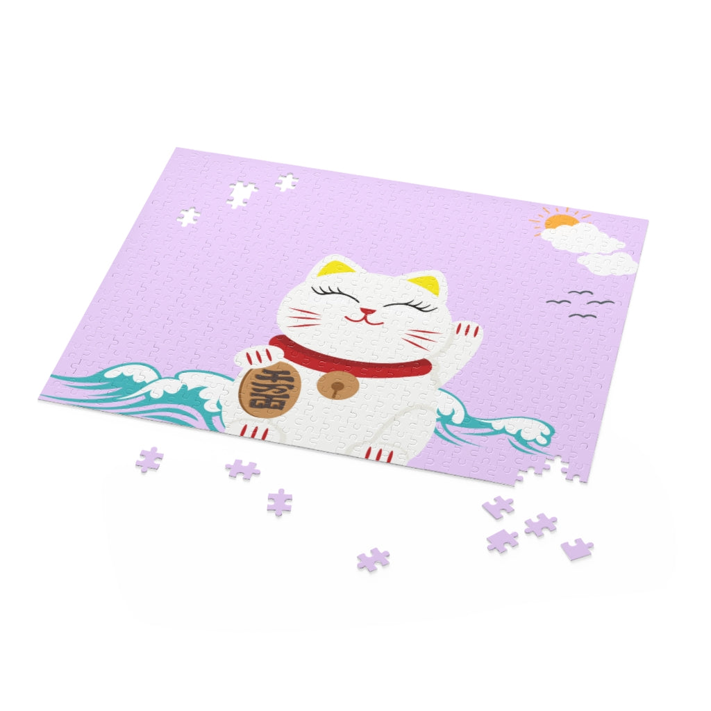 Lucky Cat Jigsaw Puzzle with vibrant colors and 500 chipboard pieces, beautifully packaged in a gift-ready box.