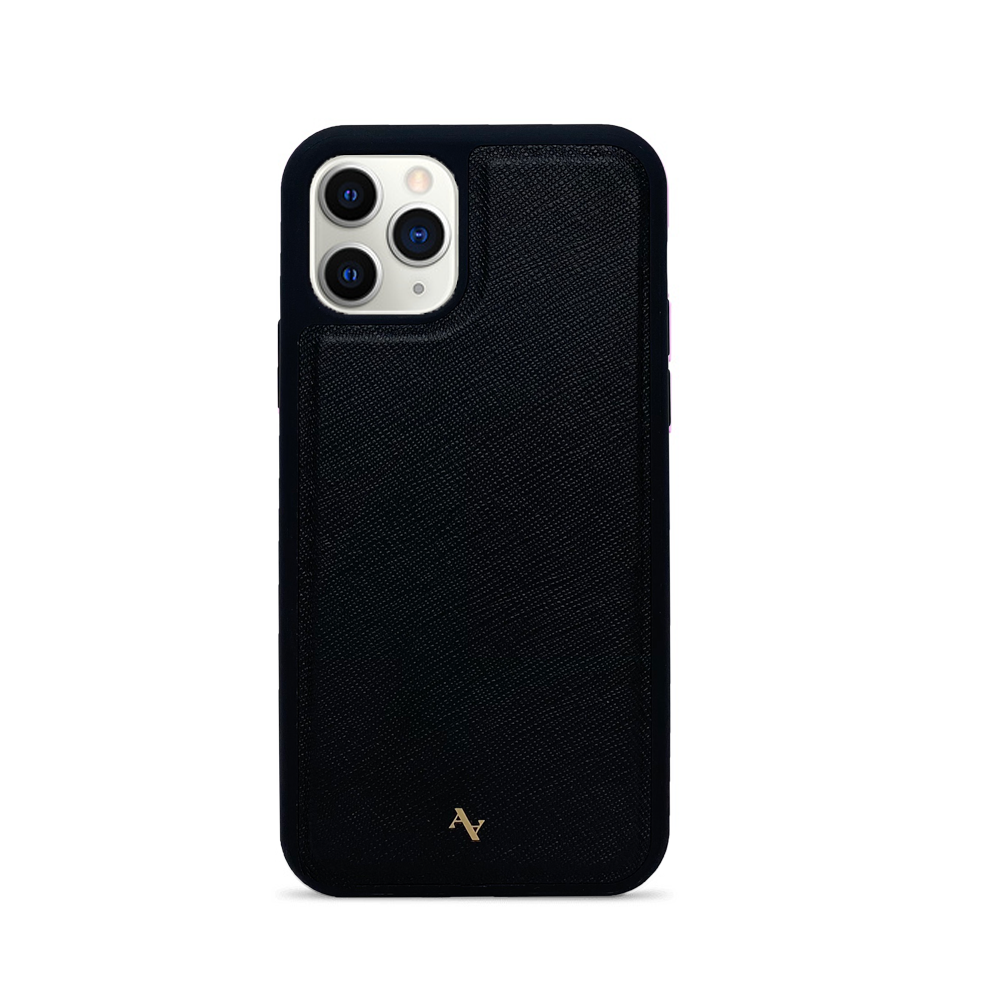 MAAD Classic Black Leather Case for iPhone 11 Pro, showcasing genuine saffiano leather and soft rubber rim.