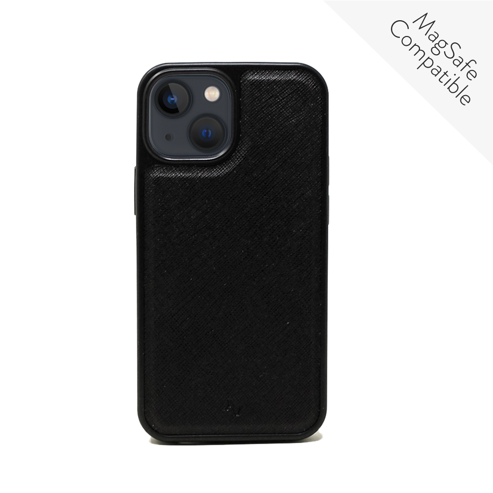 MAAD Classic Black Leather Case for iPhone 14, featuring vegan saffiano leather and a soft rubber rim for protection.
