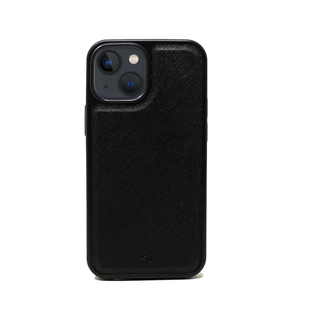 MAAD Classic Black Leather Case for iPhone 14, featuring vegan saffiano leather and a soft rubber rim for protection.