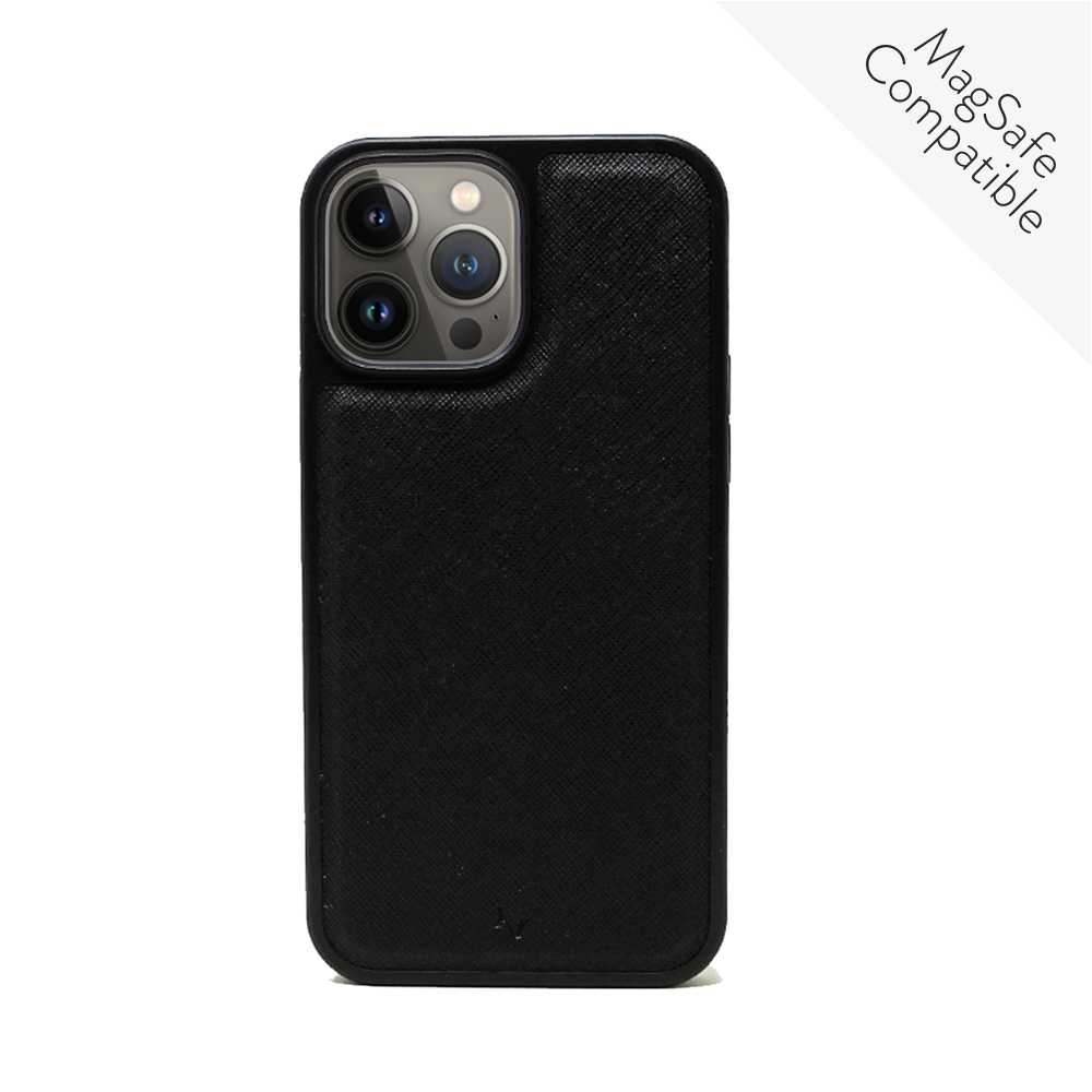 MAAD Classic Black Leather Case for iPhone 14 Pro Max, showcasing vegan saffiano leather and soft rubber edges.