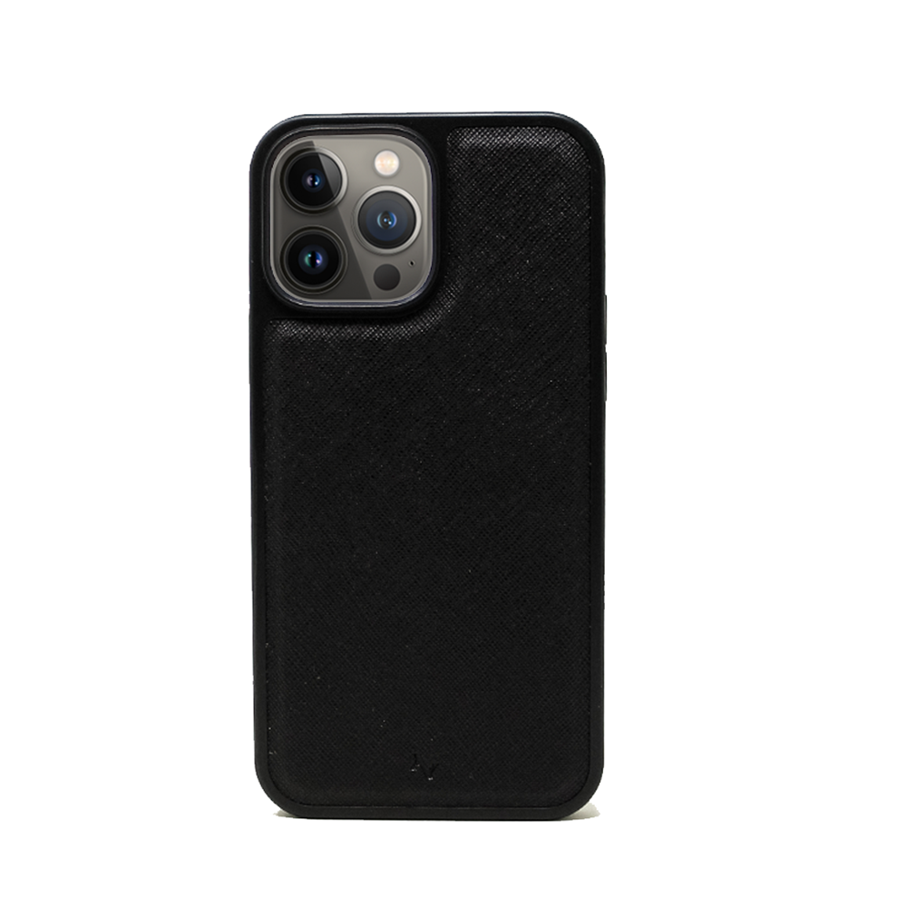 MAAD Classic Black Leather Case for iPhone 14 Pro Max, showcasing vegan saffiano leather and soft rubber edges.