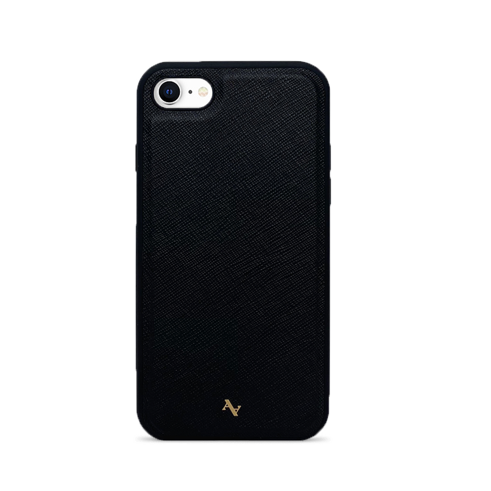 MAAD Classic Black Leather Case for iPhone 7/8/SE with saffiano texture and rubber rim.