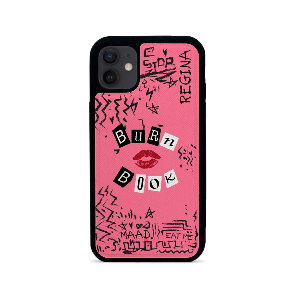 MAAD Classic Burn Book iPhone 12 Leather Case in saffiano leather with customizable options.