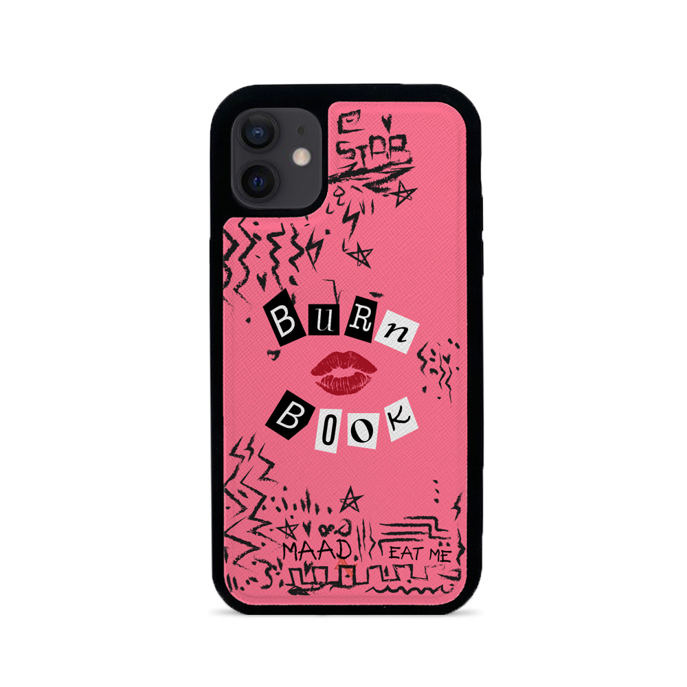 MAAD Classic Burn Book iPhone 12 Leather Case in saffiano leather with customizable options.