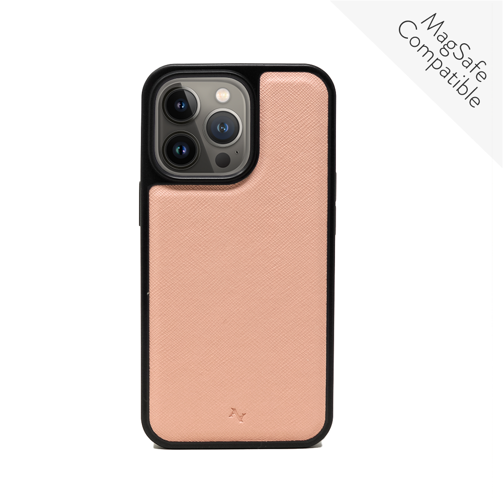 MAAD Classic Nude Leather Case for iPhone 13 Pro, featuring vegan saffiano leather and a soft rubber rim for protection.