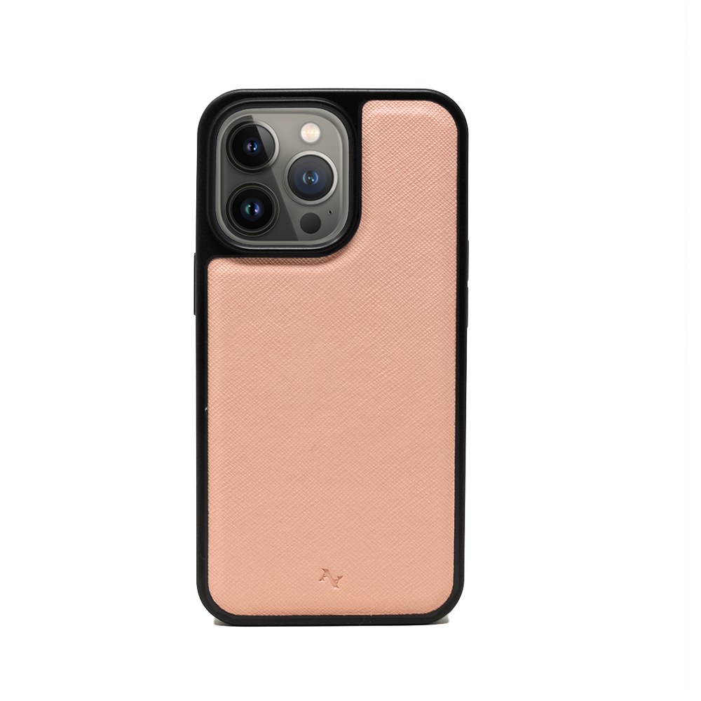 MAAD Classic Nude Leather Case for iPhone 13 Pro, featuring vegan saffiano leather and a soft rubber rim for protection.