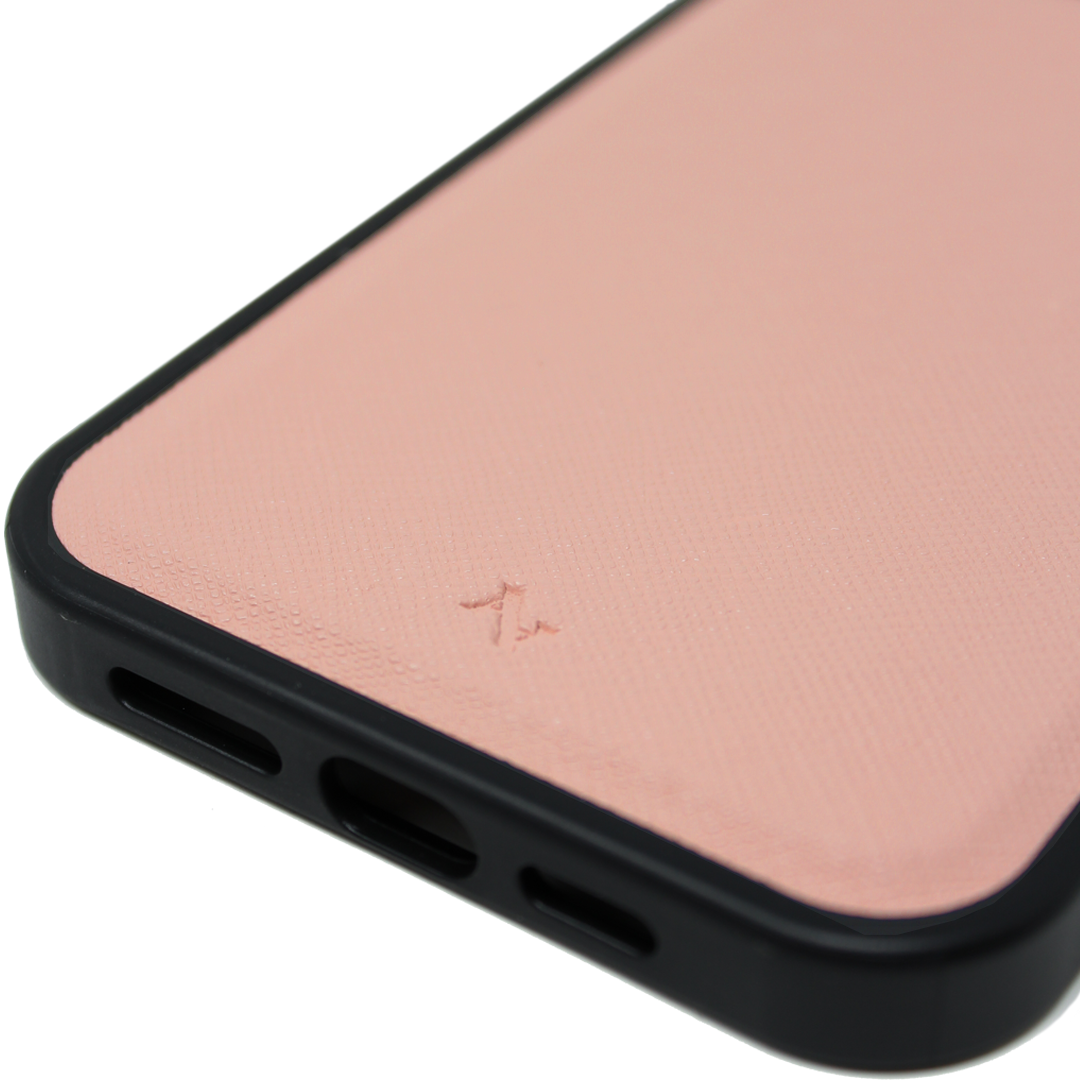 MAAD Classic Nude Leather Case for iPhone 13 Pro, featuring vegan saffiano leather and a soft rubber rim for protection.