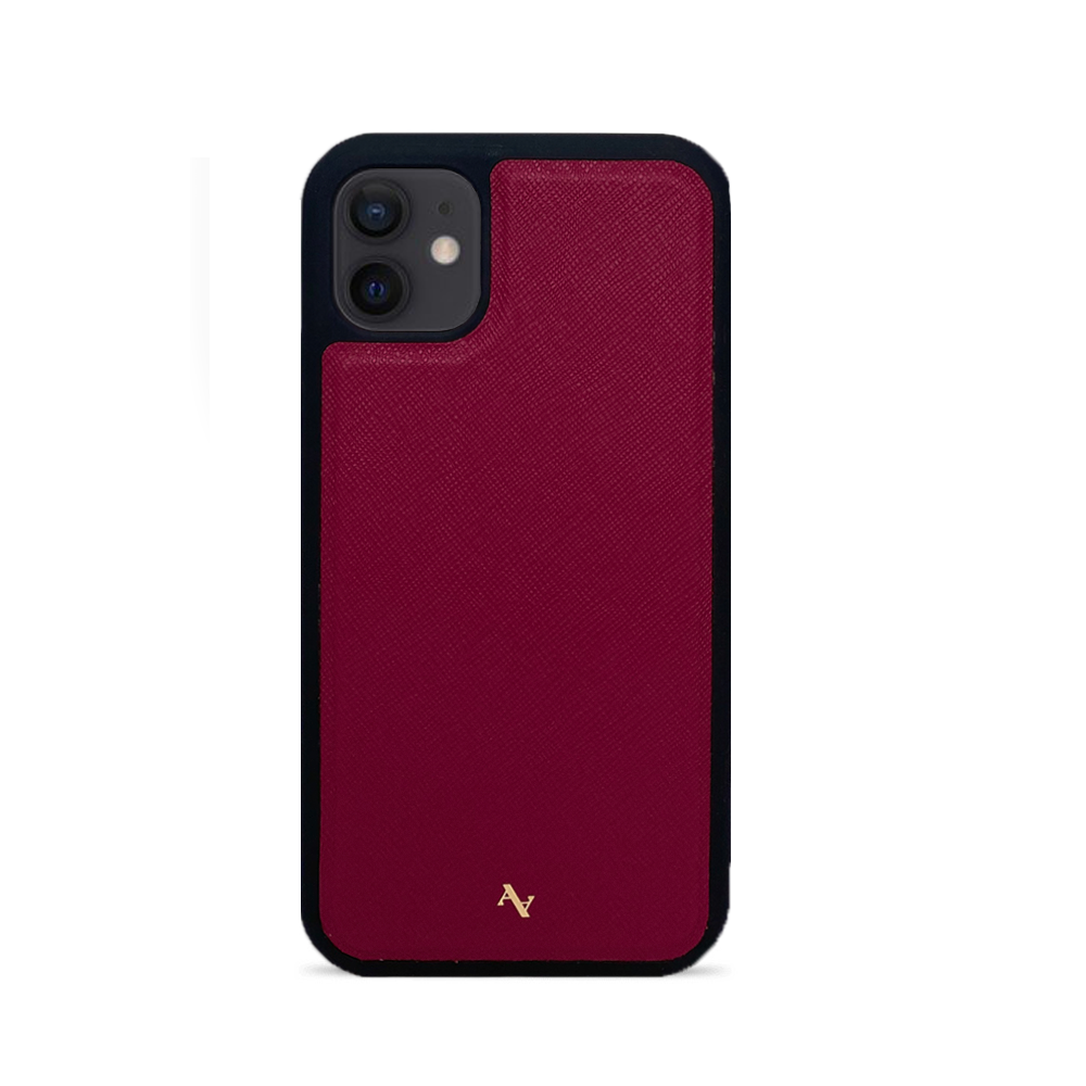 MAAD Classic Red Leather Case for iPhone 12, featuring genuine saffiano leather and a soft rubber rim for protection.