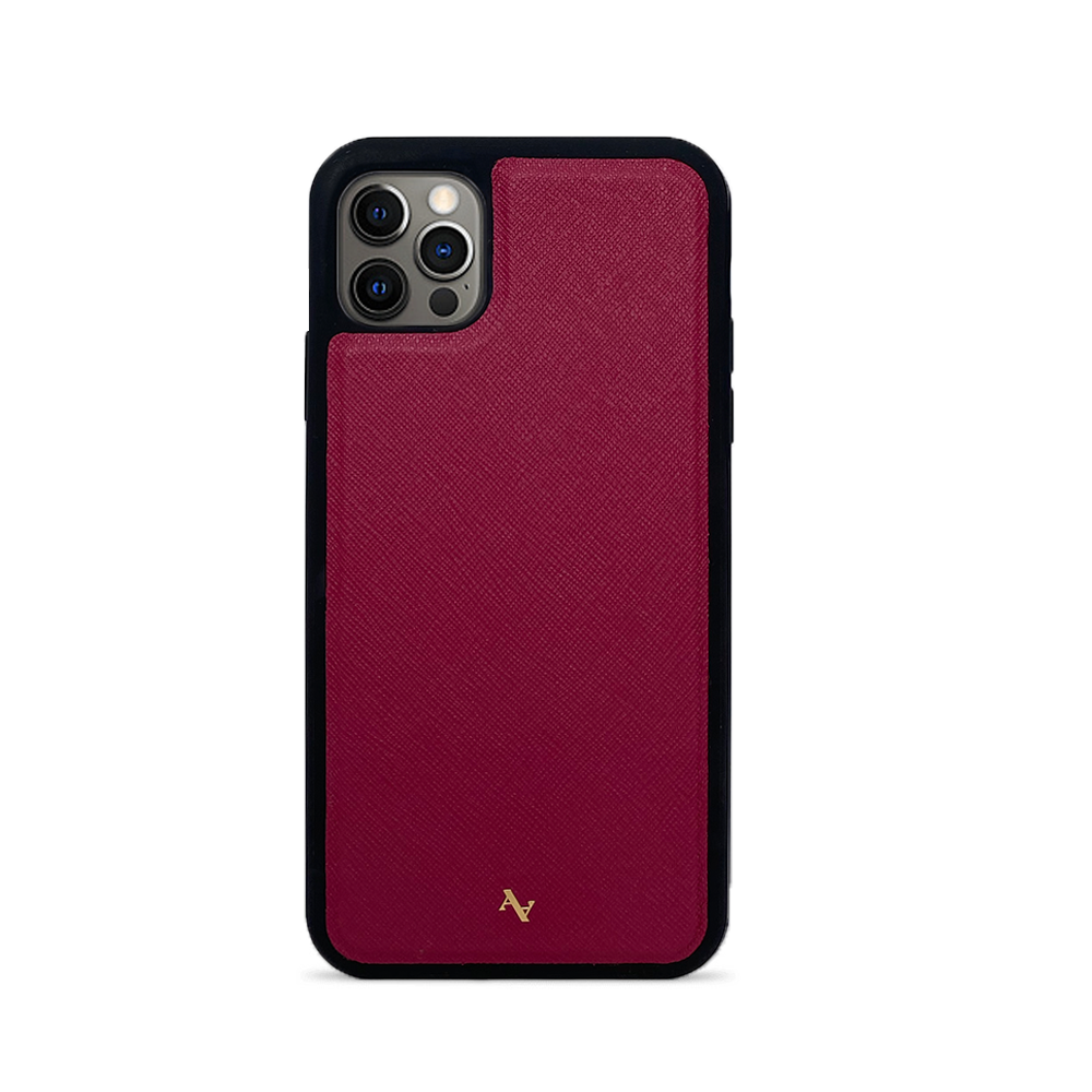MAAD Classic Red Leather Case for iPhone 12 Pro Max, showcasing saffiano leather and soft rubber rim.