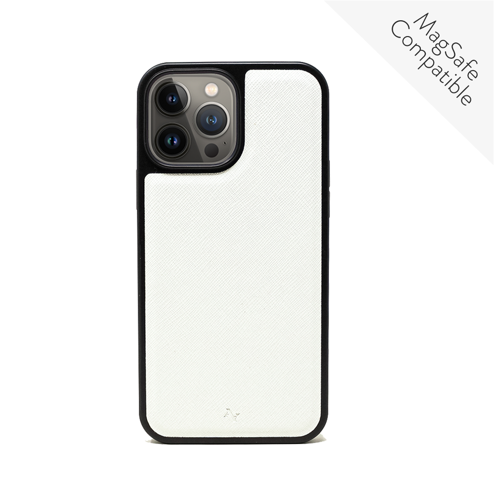 MAAD Classic White Leather Case for iPhone 13 Pro Max, featuring vegan saffiano leather and a soft rubber rim.