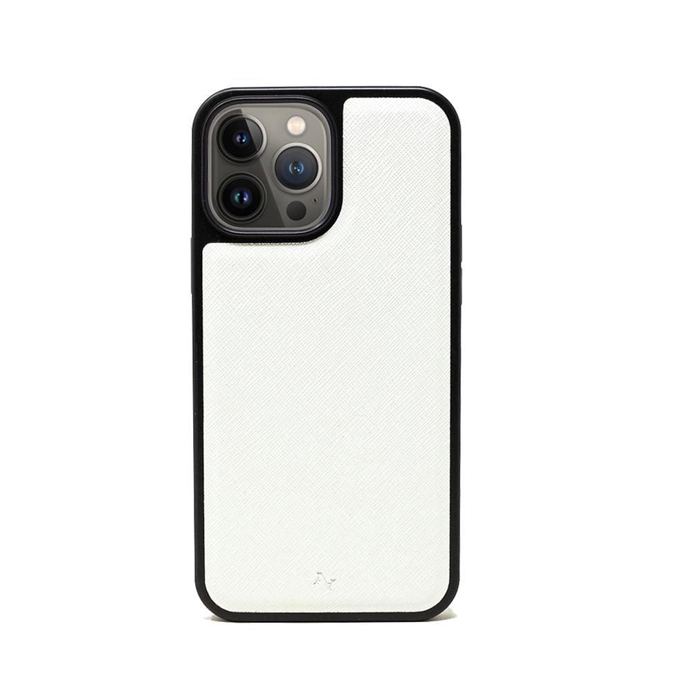 MAAD Classic White Leather Case for iPhone 13 Pro Max, featuring vegan saffiano leather and a soft rubber rim.