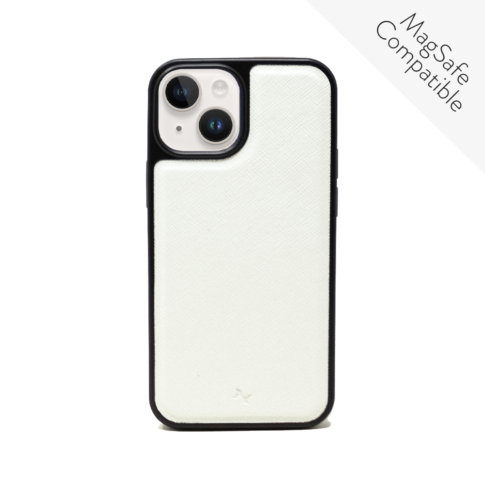 MAAD Classic White iPhone 14 Leather Case made from vegan saffiano leather with a soft rubber rim, showcasing personalization options.
