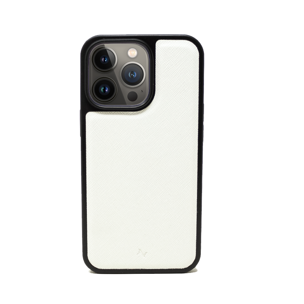 MAAD Classic White Leather Case for iPhone 14 Pro, featuring vegan saffiano leather and a soft rubber rim for protection.