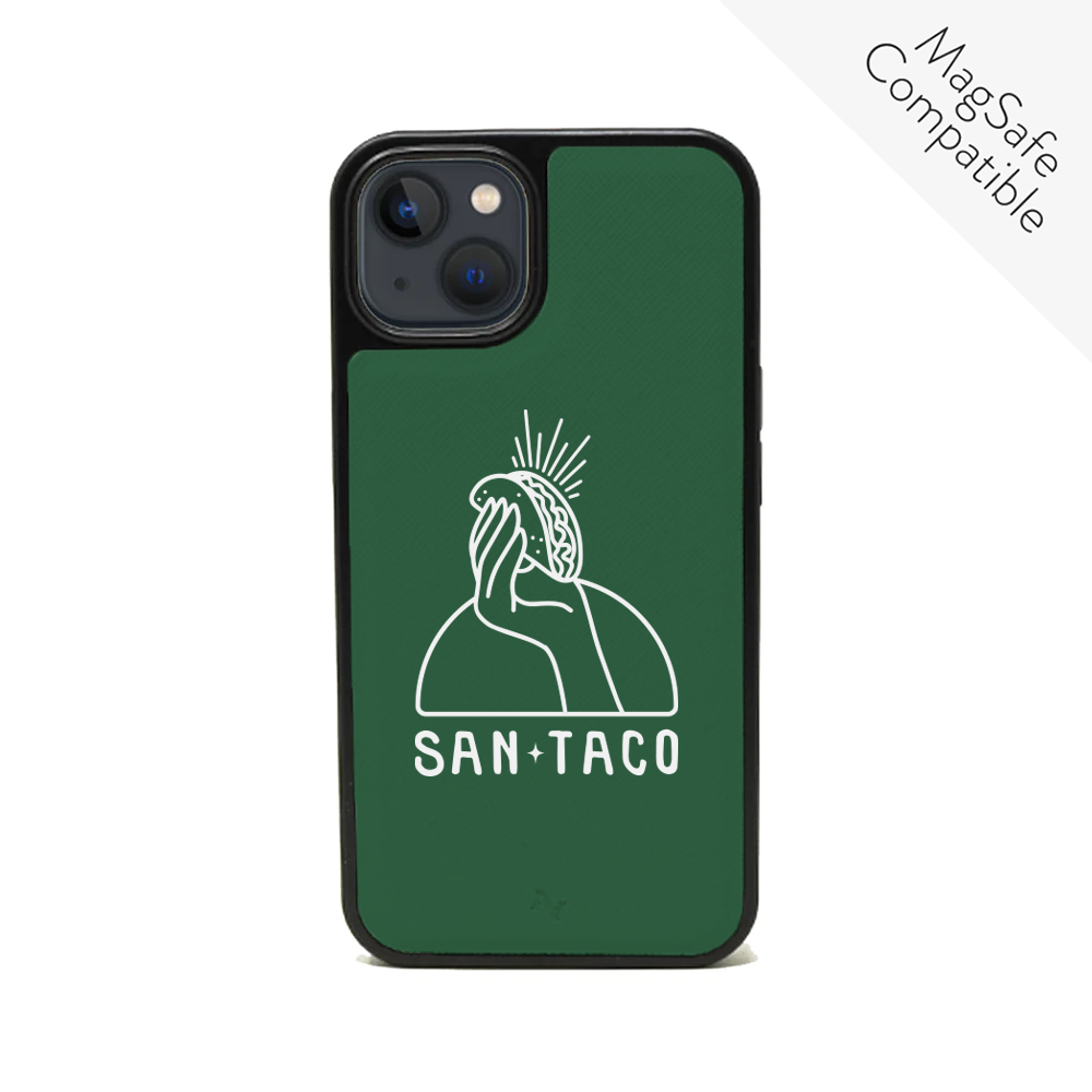 Stylish white vegan leather case for iPhone 13 with soft rubber rim, showcasing personalization options.