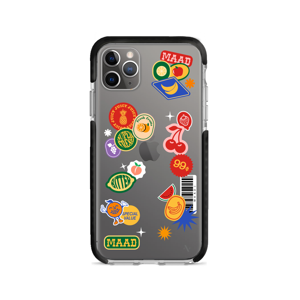 MAAD Fresh iPhone 11 Pro Max Clear Case with vibrant fruit sticker design, showcasing slim profile and protective features.