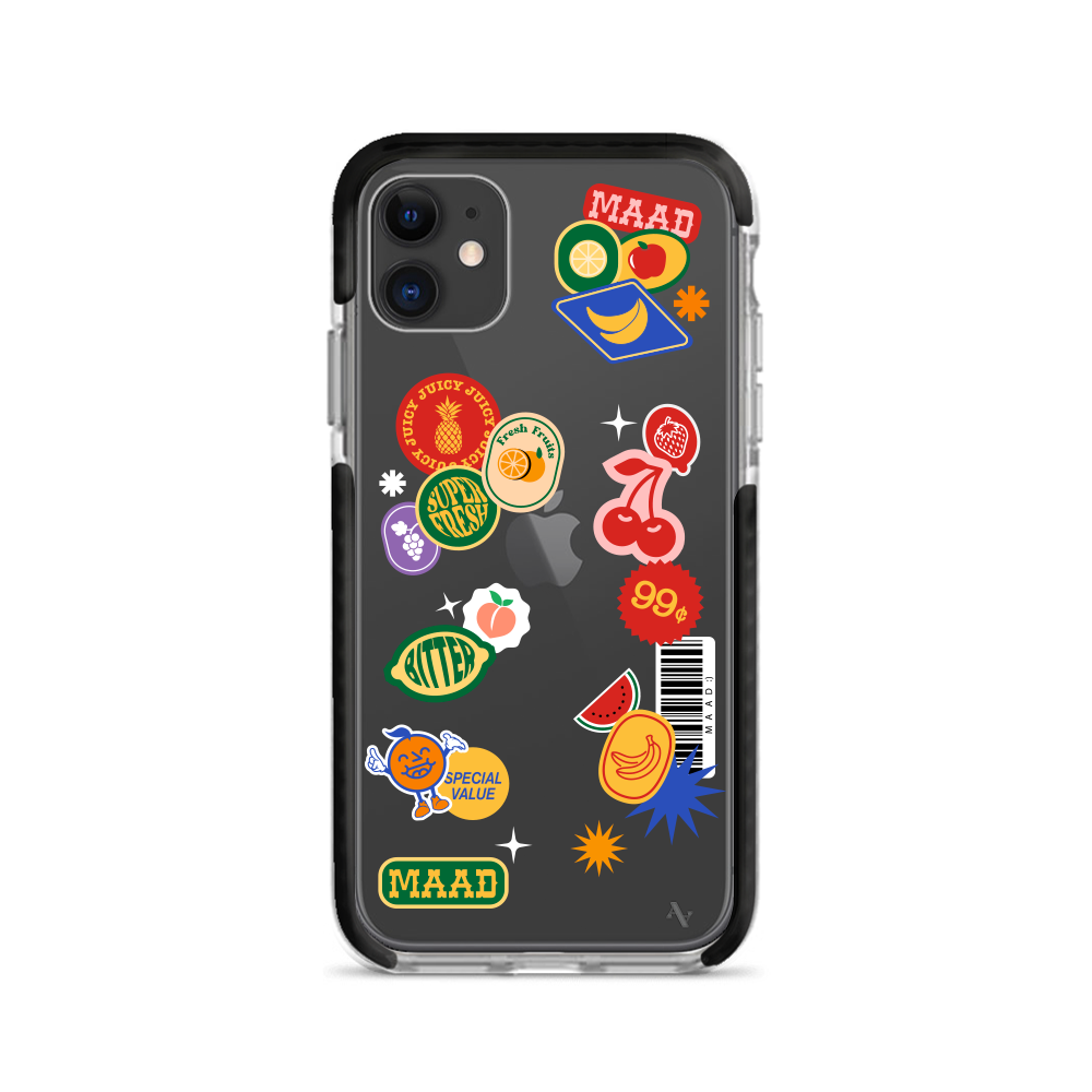 MAAD Fresh iPhone 12 Mini Clear Case with vibrant fruit sticker design, showcasing slim and protective features.