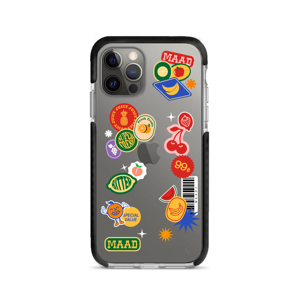 MAAD Fresh clear case for iPhone 12 Pro Max featuring a colorful fruit sticker design, providing stylish protection.