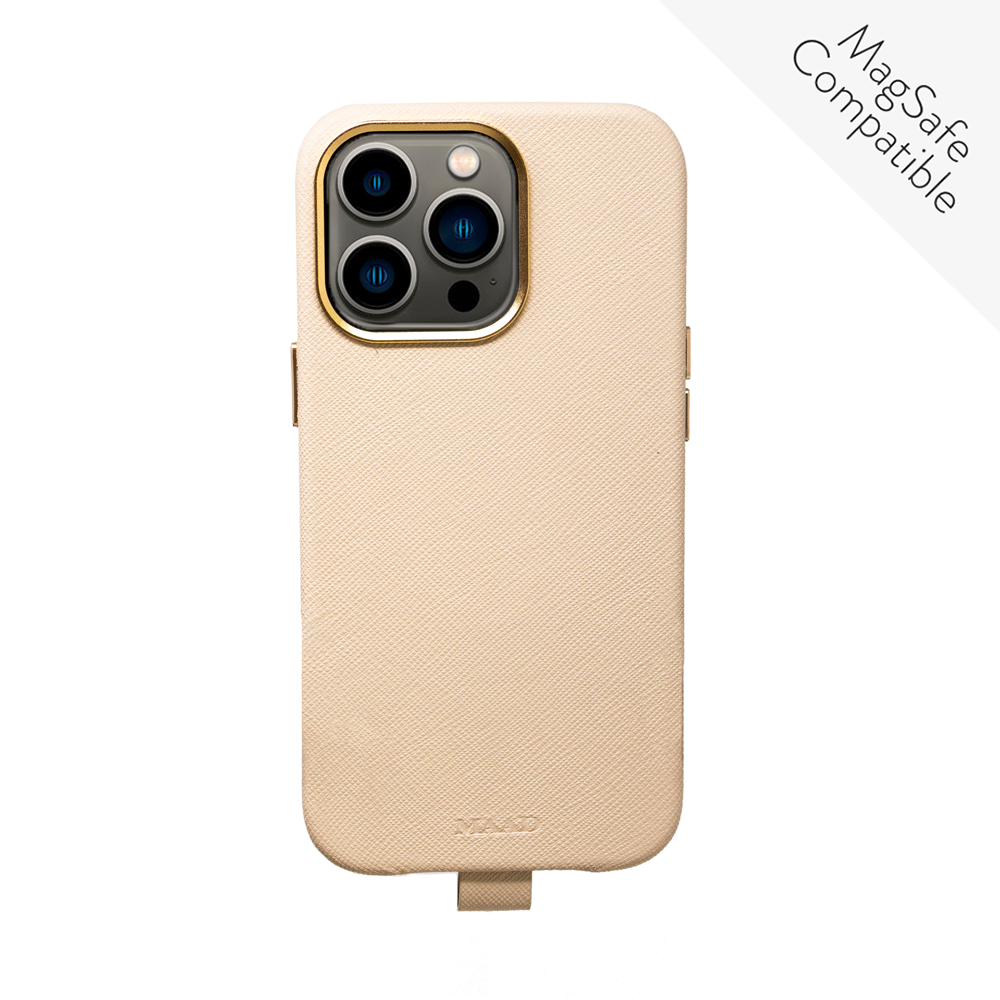 MAAD Full Wrapped beige iPhone 13 Pro case made of vegan saffiano leather with gold pleated edges, showcasing its sleek design and personalization options.