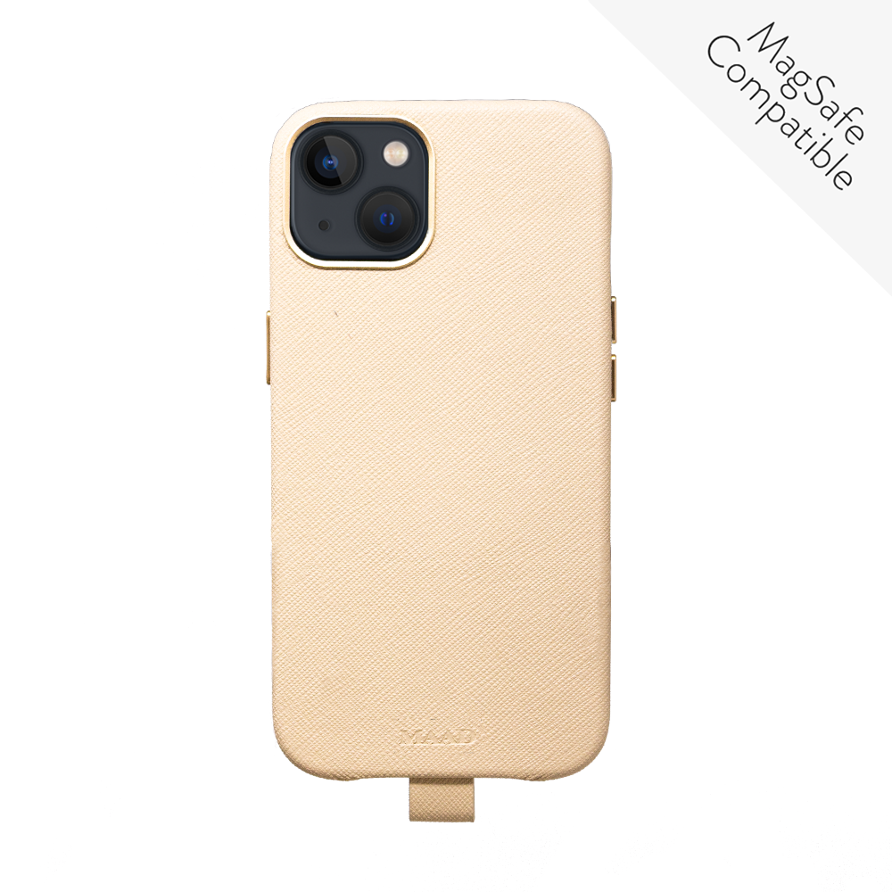Beige vegan saffiano leather phone case for iPhone 13 with gold pleated edges, showcasing personalization options.