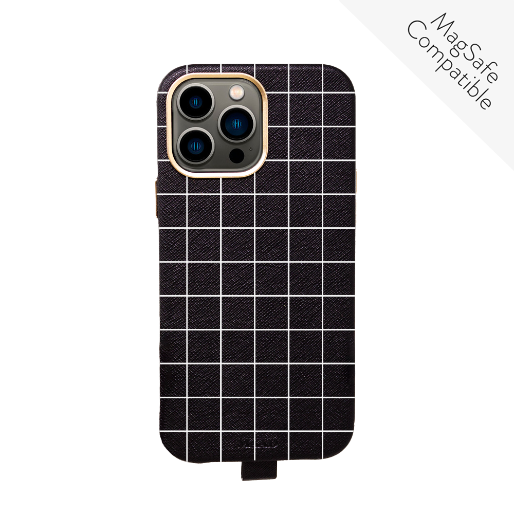 MAAD Full Wrapped Black Grid iPhone 13 Pro Max case made of vegan saffiano leather with gold pleated edges, showcasing its sleek design and personalization options.