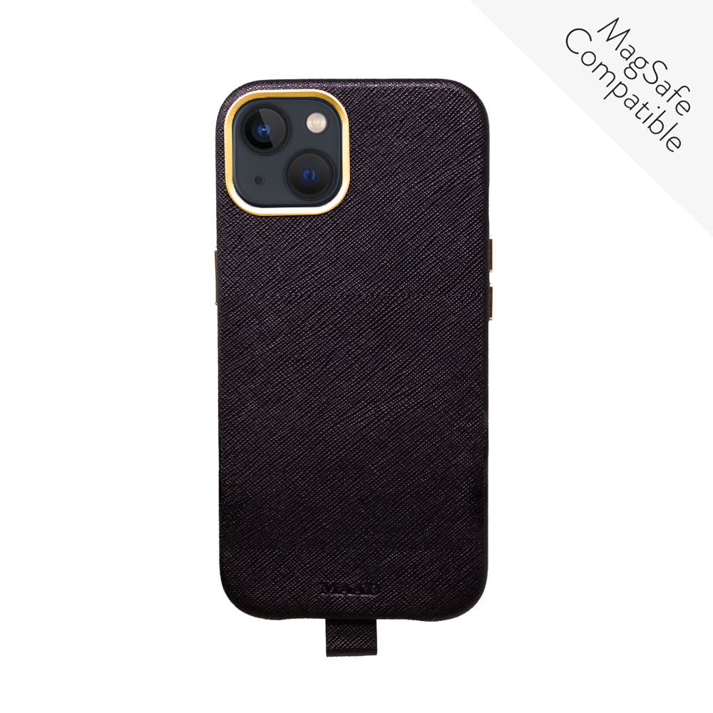 MAAD Full Wrapped Black iPhone 13 case made of vegan saffiano leather with gold pleated edges, showcasing its sleek design and personalization options.