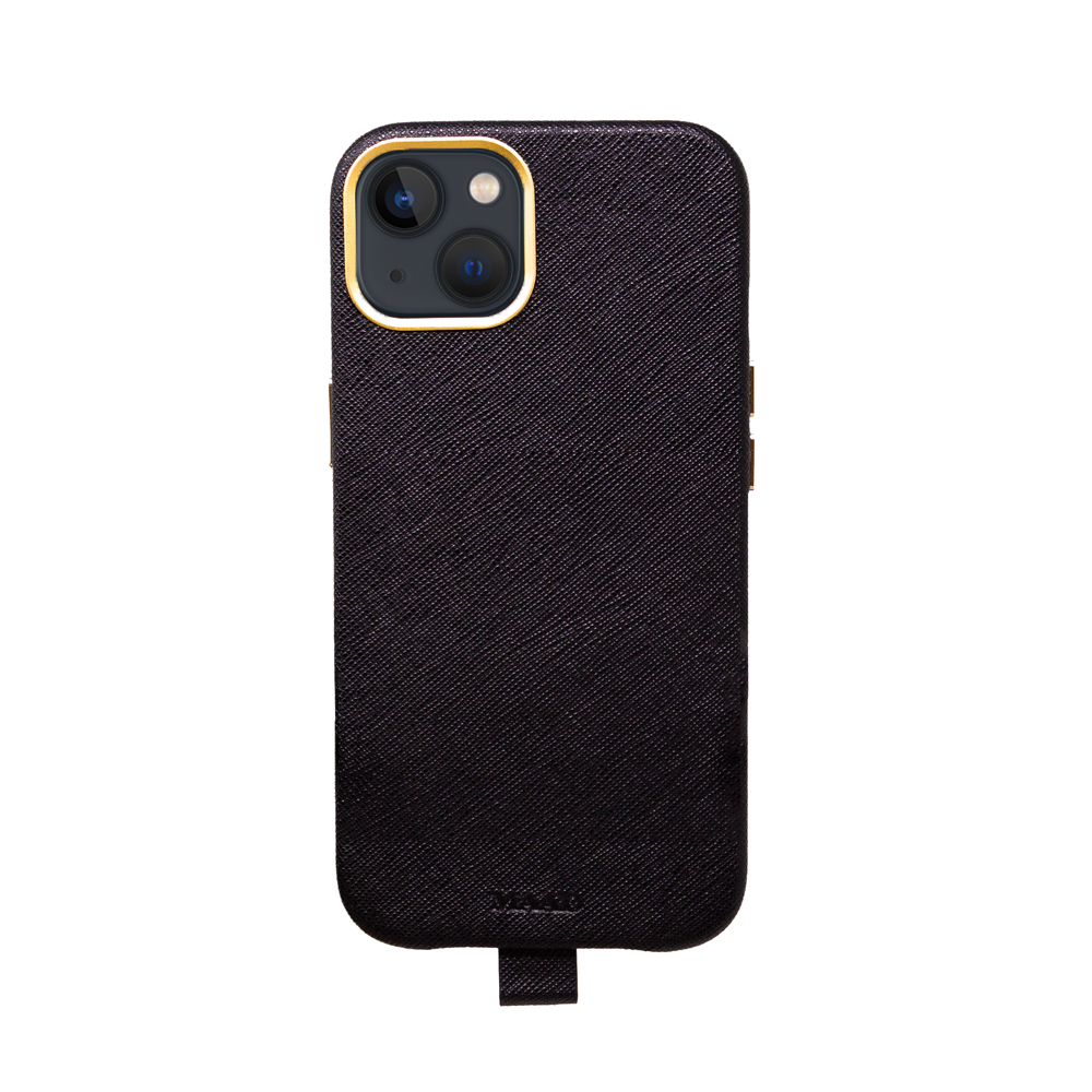 MAAD Full Wrapped Black iPhone 13 case made of vegan saffiano leather with gold pleated edges, showcasing its sleek design and personalization options.