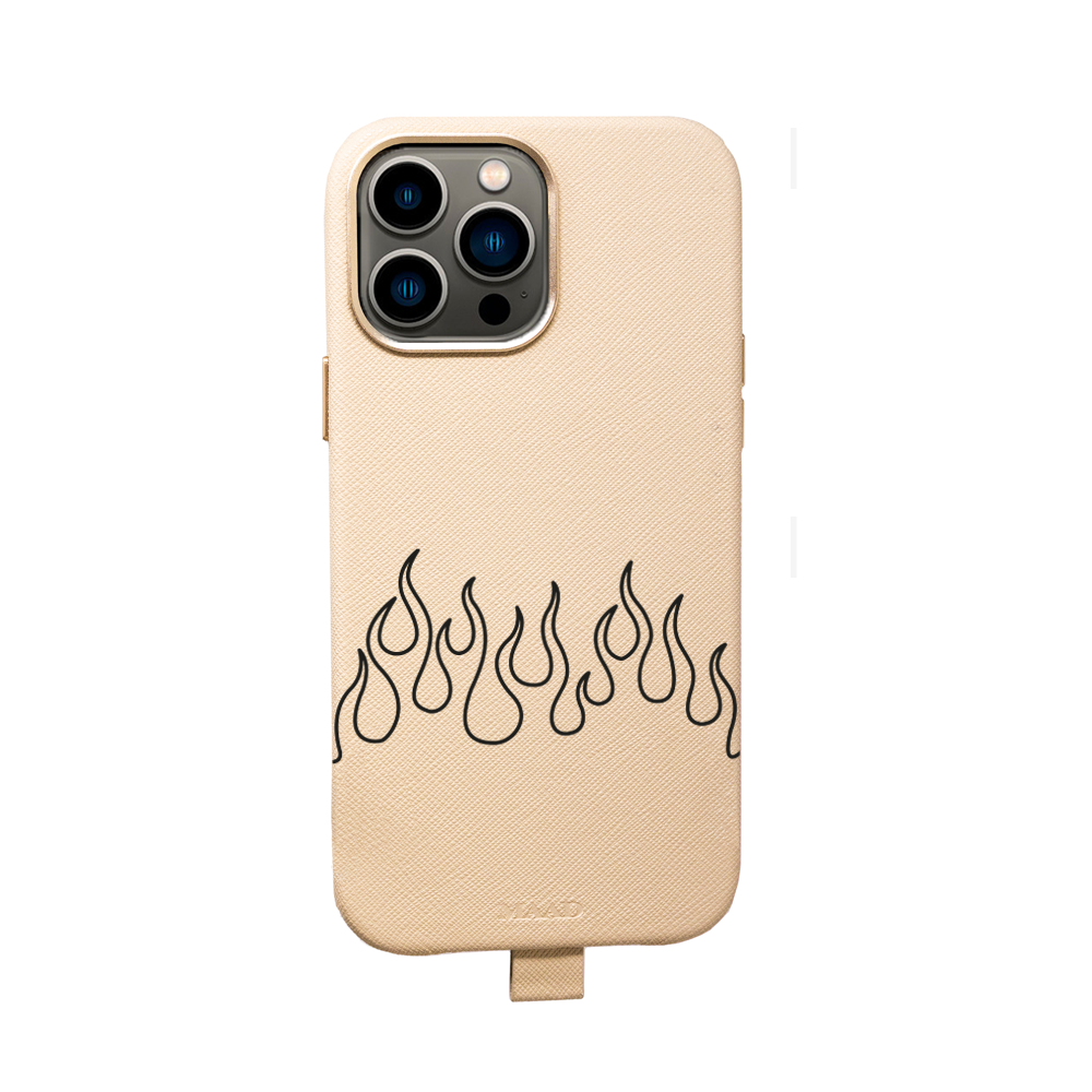 MAAD Full Wrapped Flames Beige iPhone 13 Pro Max case made of vegan saffiano leather with gold pleated edges, showcasing a stylish and protective design.