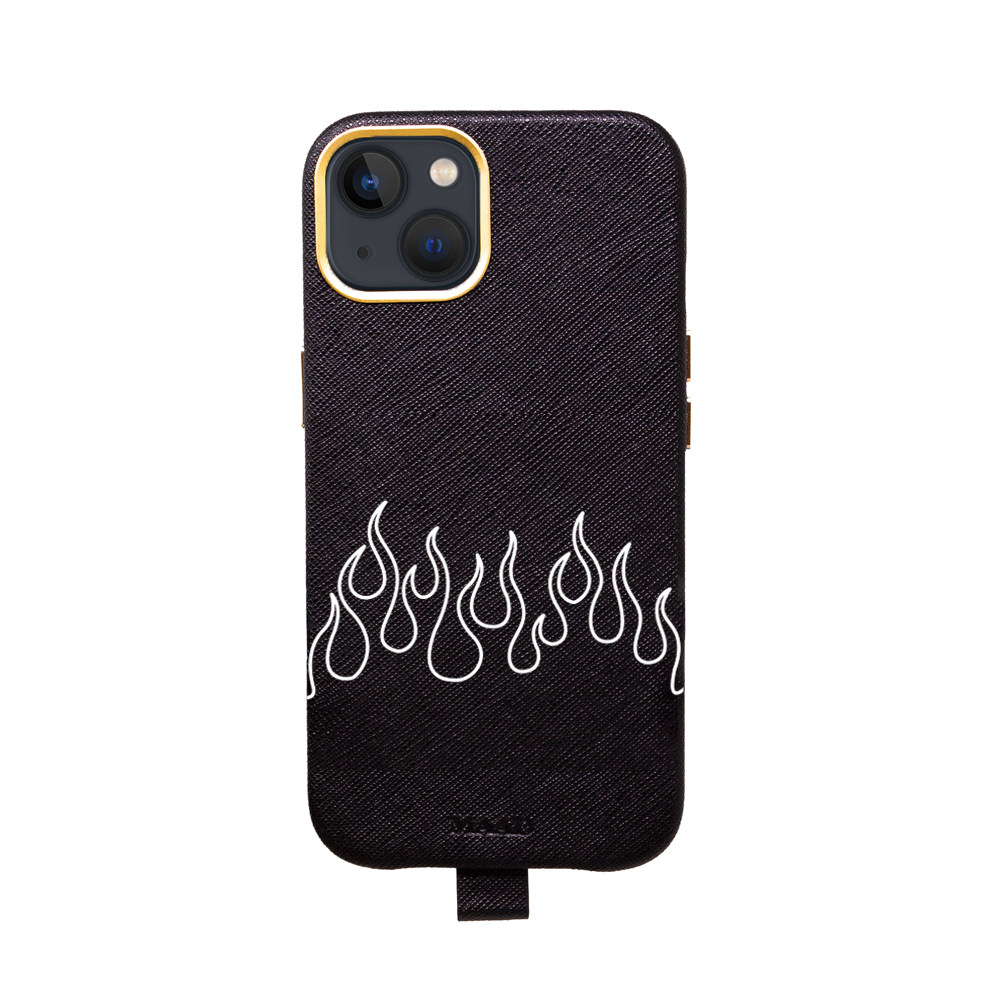 MAAD Full Wrapped Flames Black iPhone 13 case made of vegan saffiano leather with gold pleated edges, showcasing a stylish design.