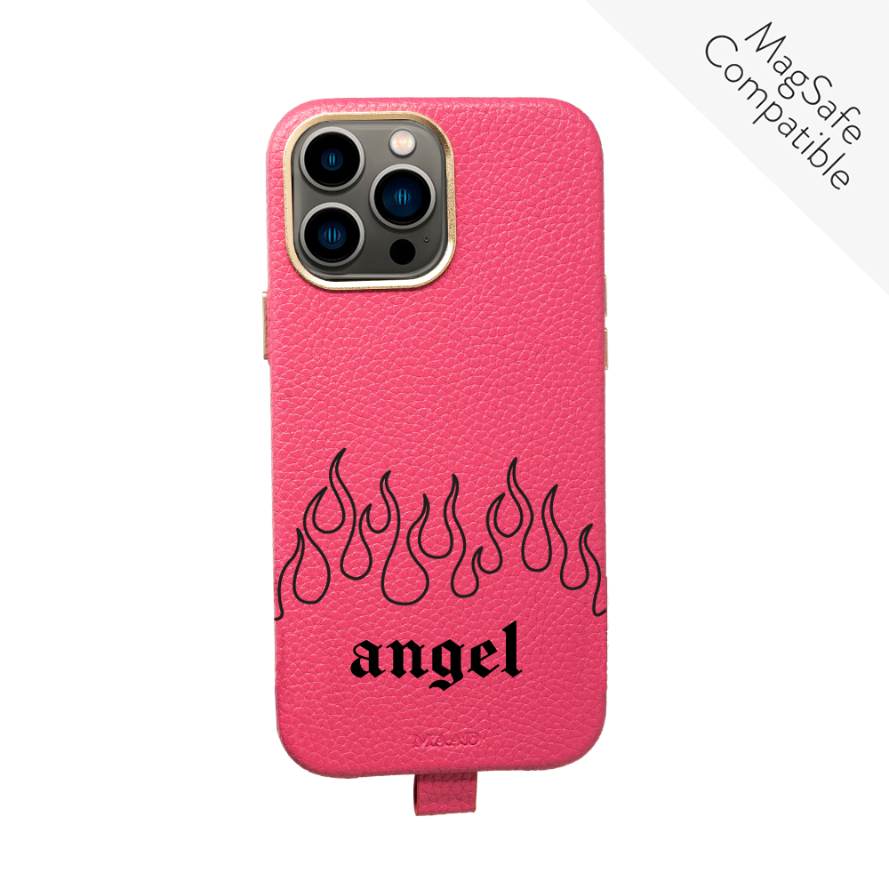 MAAD Full Wrapped Flames iPhone 13 Pro Max case featuring vegan leather with gold pleated edges, showcasing a stylish and protective design.