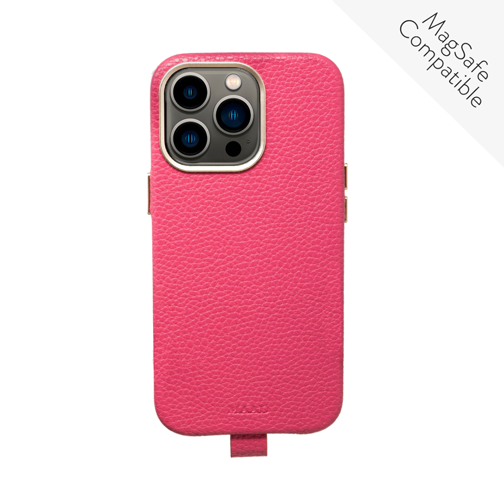 MAAD Full Wrapped Hot Pink iPhone 13 Pro case made of vegan leather with gold pleated edges, showcasing its stylish design and customizability.