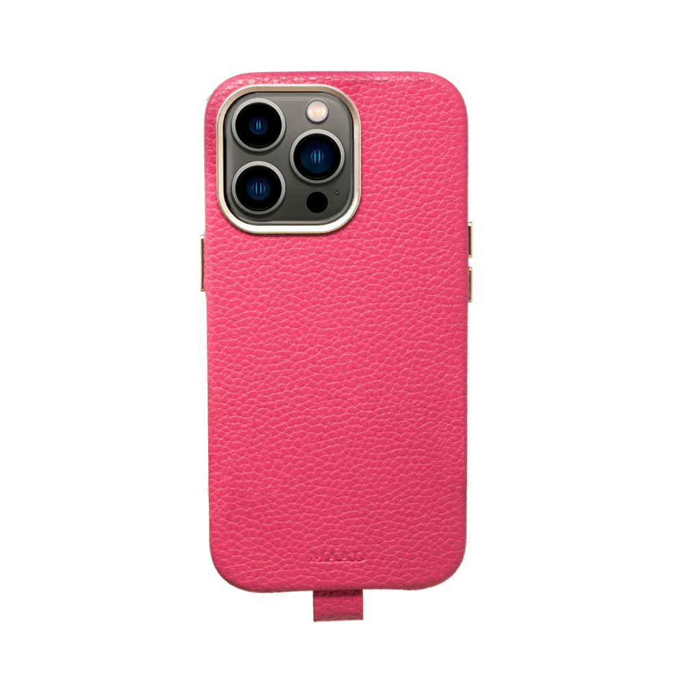 MAAD Full Wrapped Hot Pink iPhone 13 Pro case made of vegan leather with gold pleated edges, showcasing its stylish design and customizability.