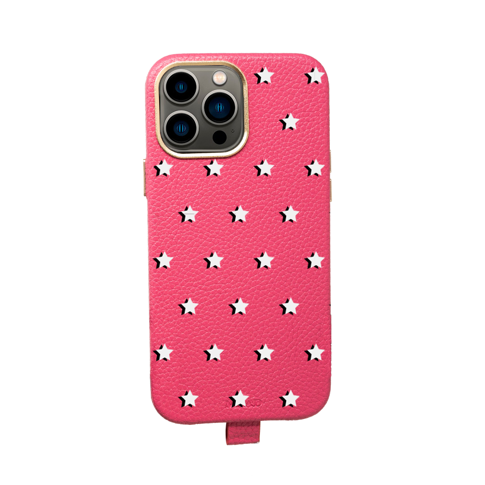 MAAD Full Wrapped Hot Pink Stars iPhone 13 Pro Max case featuring vegan leather and gold pleated edges.