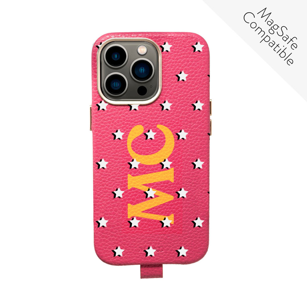 MAAD Full Wrapped Hot Pink Stars iPhone 13 Pro case featuring vegan leather and gold pleated edges.