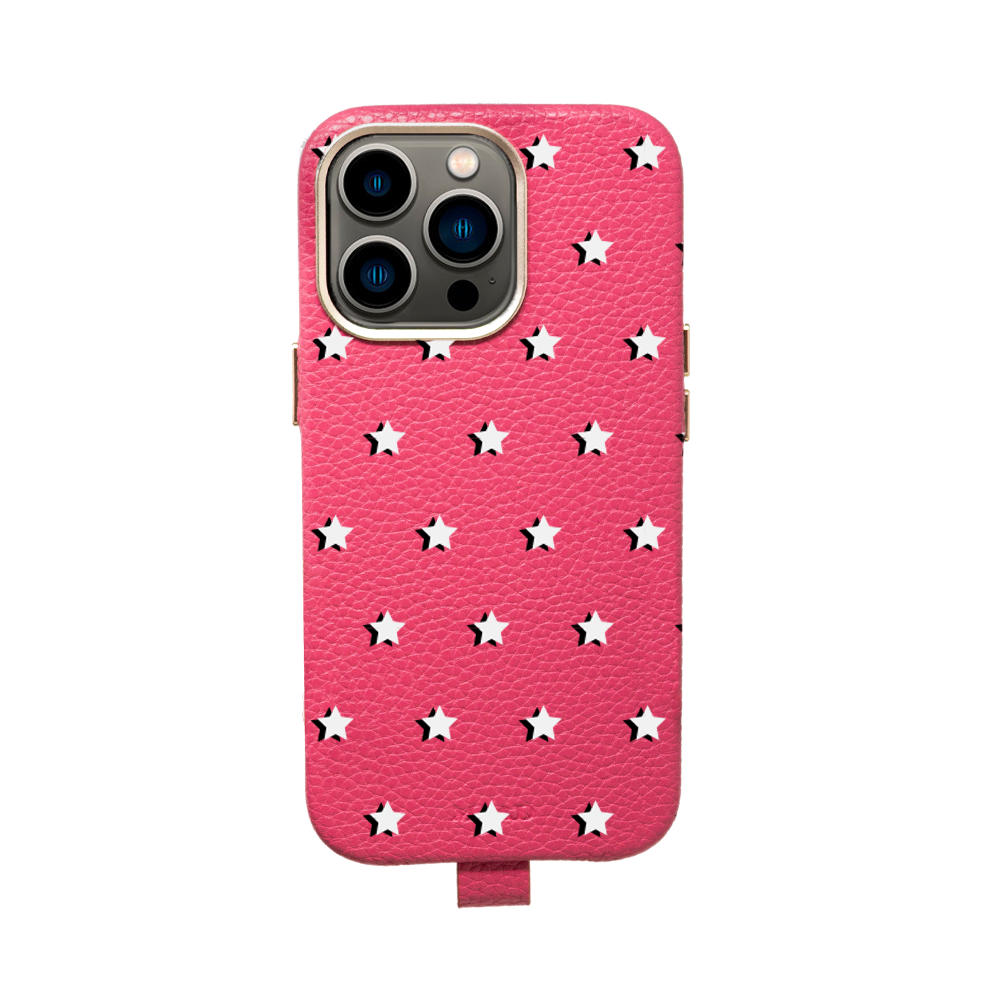 MAAD Full Wrapped Hot Pink Stars iPhone 13 Pro case featuring vegan leather and gold pleated edges.