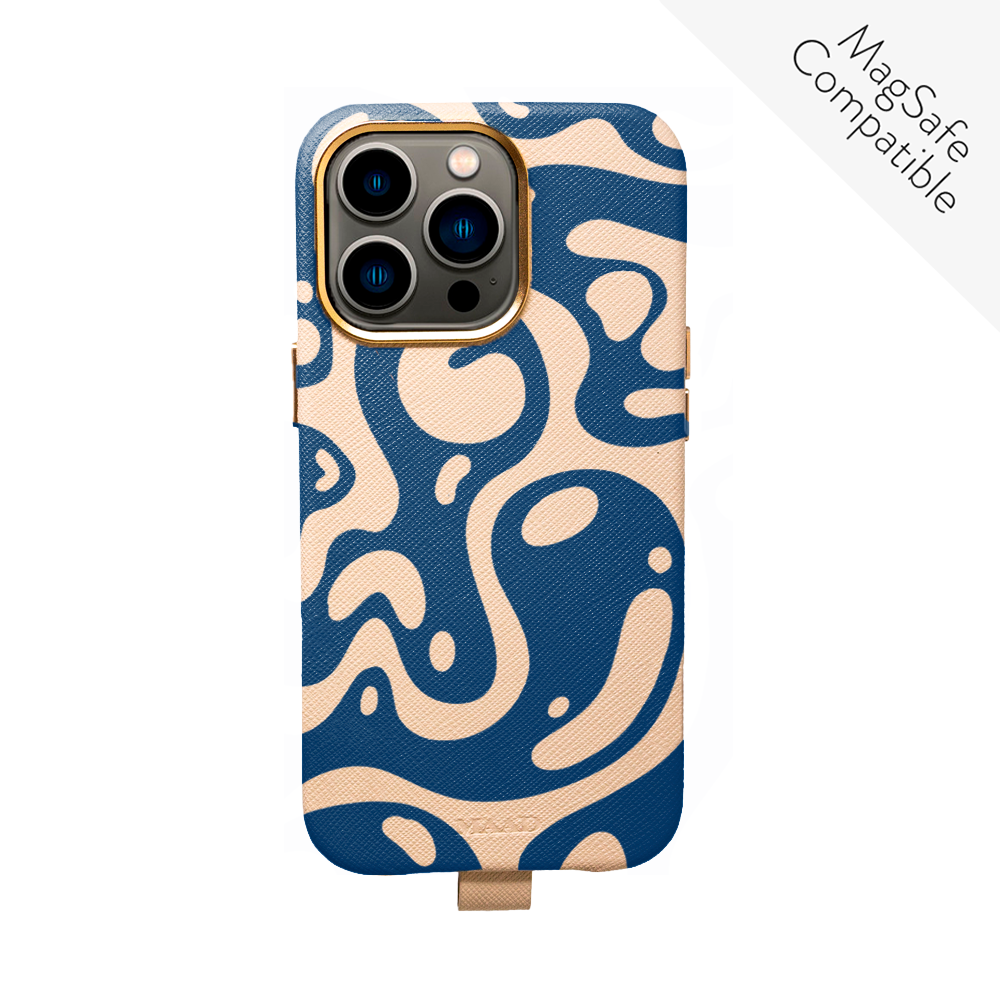 MAAD Full Wrapped Liquid Blue iPhone 13 Pro case made of vegan saffiano leather with gold pleated edges, showcasing its sleek design and personalization options.